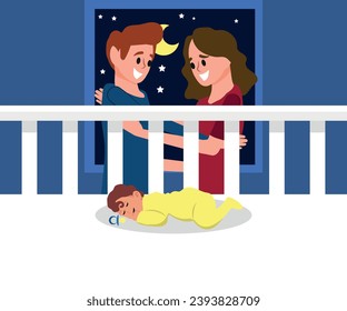 Cute parents couple watching little baby sleeping peacefully in crib with pacifier