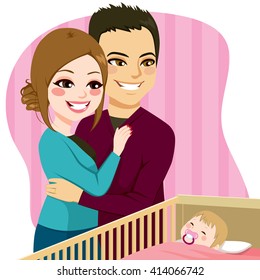 Cute parents couple watching little baby sleeping peacefully in crib with pacifier