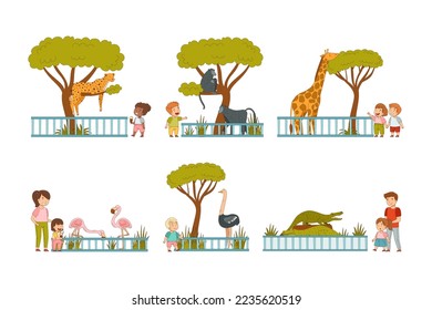 Cute parents and kids visiting zoo set. People looking at leopard, orangutan, giraffe, flamingo, ostrich, crocodile wild animals vector illustration