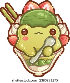 cute parfait matcha green tea ice cream with strawberry and frog, can be use for decorative sticker for journaling or social media advertising
