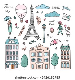 Lindo clipart de París. Dibujado a mano ilustraciones de estilo francés. Vector de París en colores pastel