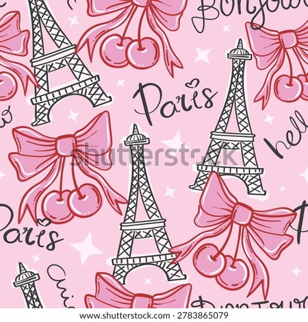 Cute Paris concept with Eiffel Tower drawing seamless pattern repeating texture background design. Vector illustration endless design.