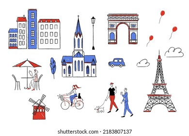 Cute Paris street doodle illustrations, including people doing leisure activities and iconic architecture landmarks.