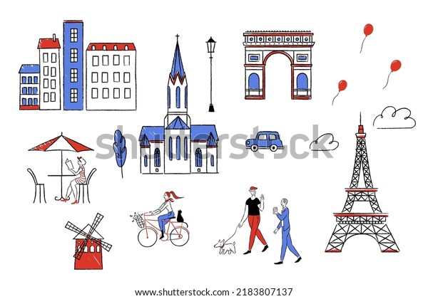 Cute Paris\
street doodle illustrations, including people doing leisure\
activities and iconic architecture\
landmarks.