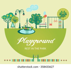Cute Park Landscape with Playground. Vector Set for Your design.