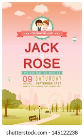 Cute park pink sky wedding invitation card template vector/illustration