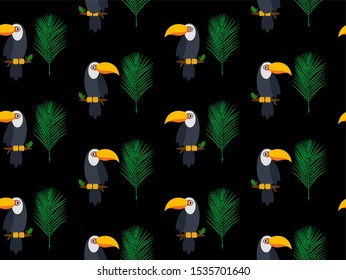 Cute parrot and big leaf on black background. Seamless modern pattern.