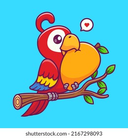 Cute Parrot Bird Eating Mango On Branch Cartoon Vector Icon Illustration. Animal Nature Icon Concept Isolated Premium Vector. Flat Cartoon Style