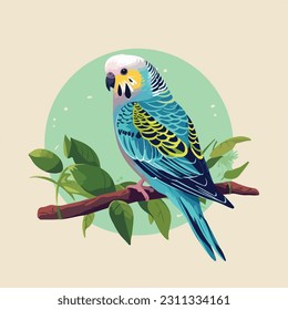 Pajarito de loro. Pequeña mascota budgerigar. Aislado sobre fondo blanco. Ilustración de dibujos animados