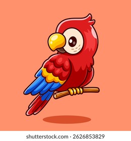 Cute Parrot Bird On Branch Cartoon Vector Icon Illustration. Animal Nature Icon Concept Isolated Premium Vector. Flat Cartoon Style