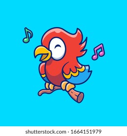 Cute Parrot Bird Singing Vector Icon Illustration. Bird Mascot Cartoon Character. Animal Icon Concept White Isolated. Flat Cartoon Style Suitable for Web Landing Page, Banner, Flyer, Sticker, Card
