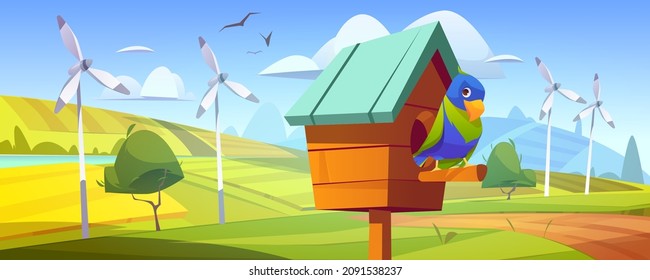 Cute parrot in birdhouse in countryside with green fields and wind turbines. Vector cartoon illustration of spring landscape with river, grass, windmills and funny parrot in wooden bird house