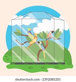 Pájaros de loro cortados en un árbol dentro de una jaula de vidrio Zoo Vector ilustración