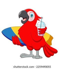 Cute parrot cartoon is carrying a surfboard