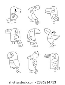 Cute parrot cartoon character. Funny tropical bird. Coloring Page. Vector drawing. Collection of design elements.