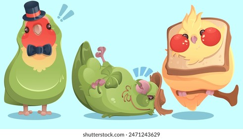 Cute parrot cartoon character in rural cap, gentleman hat and bow tie, with slice of bread on head. Vector set of bright colorful tropical bird mascot. Funny jungle animal with beak and wings.