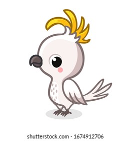 Cute parrot in cartoon style is standing on a white background. Vector illustration with a white bird.