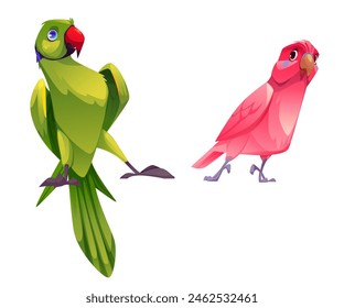 Lindo personaje de loro. Feliz Vector de aves de la selva. Juego de dibujo de perico caribeño loco y moreno verde. Animal pirata salvaje con pico rojo y diseño de expresión emocional. Pájaro hermoso rosa del zoológico