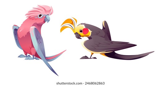 Cute parrot character. Isolated jungle bird vector. Happy yellow and pink comic caribbean pet drawing set. Crazy cheerful tropical birdie icon for zoo game. Different asset with friendly emoticon
