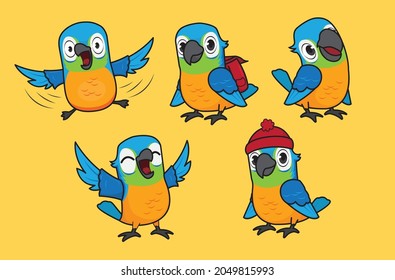 Cute parrot character vector illustration set