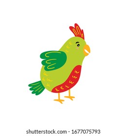 Cute parrot. Cheerful wavy parrot smiles. Children's bird character. Vector editable illustration