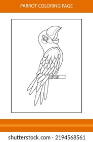 Cute parrot coloring book. Line art design for kids printable coloring page.