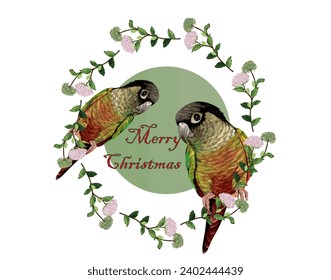 The cute parrot and its companion meet because of love at Christmas, and beautiful and fragrant flowers bloom to wish you a Merry Christmas.