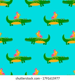 Cute parrot and crocodile seamless pattern in flat childlike style. Fantasy animal background. Vector illustration.  