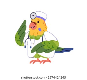 Cute parrot doctor in medical coat with stethoscope. Anthropomorphic animal pediatrician with medic equipment. Pediatric doc in uniform. Kids' health care. Flat isolated vector illustration on white