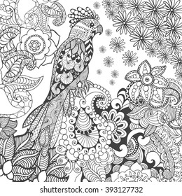 Cute parrot in fantasy flowers. Animals. Hand drawn doodle. Ethnic patterned illustration. African, indian, totem tatoo design. Sketch for avatar, tattoo, poster, print or t-shirt.