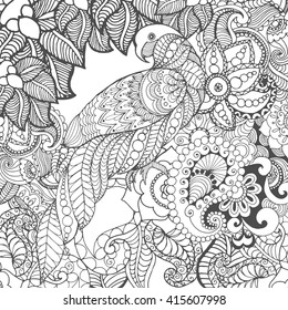Cute parrot in fantasy flowers. Animals. Hand drawn doodle. Ethnic patterned illustration. African, Indian, totem tattoo design. Sketch for avatar, tattoo, poster, print or t-shirt.