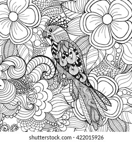 Cute parrot in fantasy flowers. Animals. Hand drawn doodle. Ethnic patterned illustration. African, indian, totem tatoo design. Sketch for avatar, tattoo, poster, print or t-shirt.