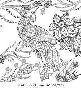 Cute parrot in fantasy garden. Animals. Hand drawn doodle. Ethnic patterned illustration. African, Indian, totem tattoo design. Sketch for avatar, tattoo, poster, print or t-shirt.