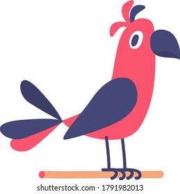 Cute parrot. Flat style bird. Red and blue colors feathers. Kids illustration. Vector