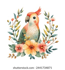 cute parrot and flowers vector illustration in watercolour style