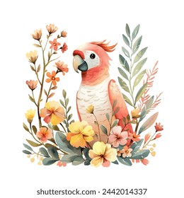 cute parrot and flowers vector illustration in watercolour style