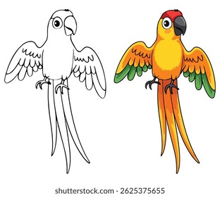 Cute Parrot Isolated Line Art Vector Outline Illustration Black and White with Coloring Sample