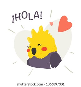 The cute parrot looks out of the heart and says hello in Spanish. Flat vector illustration. Grey cockatiel. Design for card, banner, template.