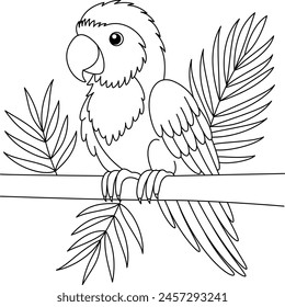 Cute parrot on the branch tree cartoon character coloring page vector illustration.  