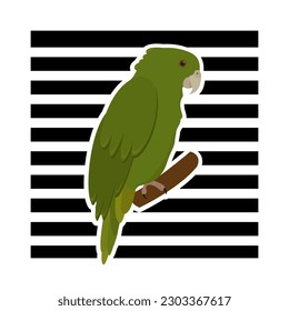 Cute parrot on a white background with black stripes. For T-shirt, postcard, web banner. Vector illustration in flat design.
