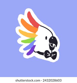 Cute parrot with rainbow fluffed crest feather. Happy bird in festival bow tie. Queer cockatoo fun. Funny birdie with LGBT sign, LGBTQ symbol on sticker. Flat hand drawn isolated vector illustration