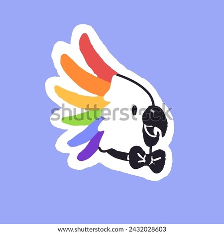Cute parrot with rainbow fluffed crest feather. Happy bird in festival bow tie. Queer cockatoo fun. Funny birdie with LGBT sign, LGBTQ symbol on sticker. Flat hand drawn isolated vector illustration