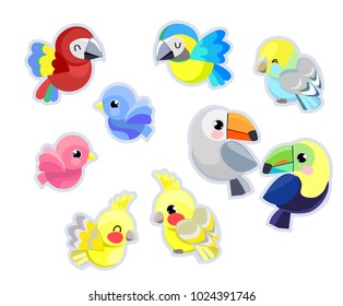 Cute parrot set vector illustration, birds, Children illustration. 