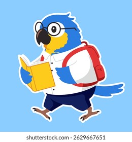cute parrot student reading a book, cartoon illustration, sticker