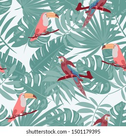 Cute Parrot Summer Seamless Pattern. Tropical Bird Vector Print. Floral Paradise Design with Toucan. Exotic Spring Beach Illustration with Bird.