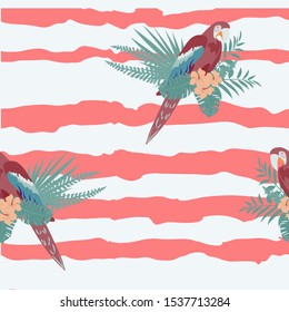 Cute Parrot Summer Seamless Pattern. Tropical Bird Vector Print. Floral Paradise Design with Toucan. Exotic Spring Beach Illustration with Bird.