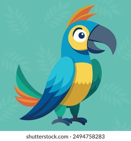 Cute parrot vector cartoon style. Parrot with bright colorful feathers. Exotic jungle blue, yellow and green birdie with beak and wings. Wild cheerful colorful animal mascot.