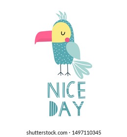 Cute parrot vector illustration.Childish print for T-shirt, cloth, baby wear, kid’s room decoration.