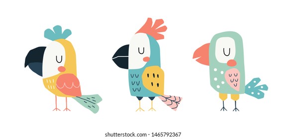 Cute parrots in a childish scandinavian style. Funny kids vector illustration, isolated on white. Cartoon hand drawn colorful set.