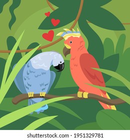 Cute parrots couple in love on branch. Wild tropical birds, exotic multicolored parrots, lovebirds flat cartoon vector illustration. Wildlife, jungle fauna, valentine concept for postcard